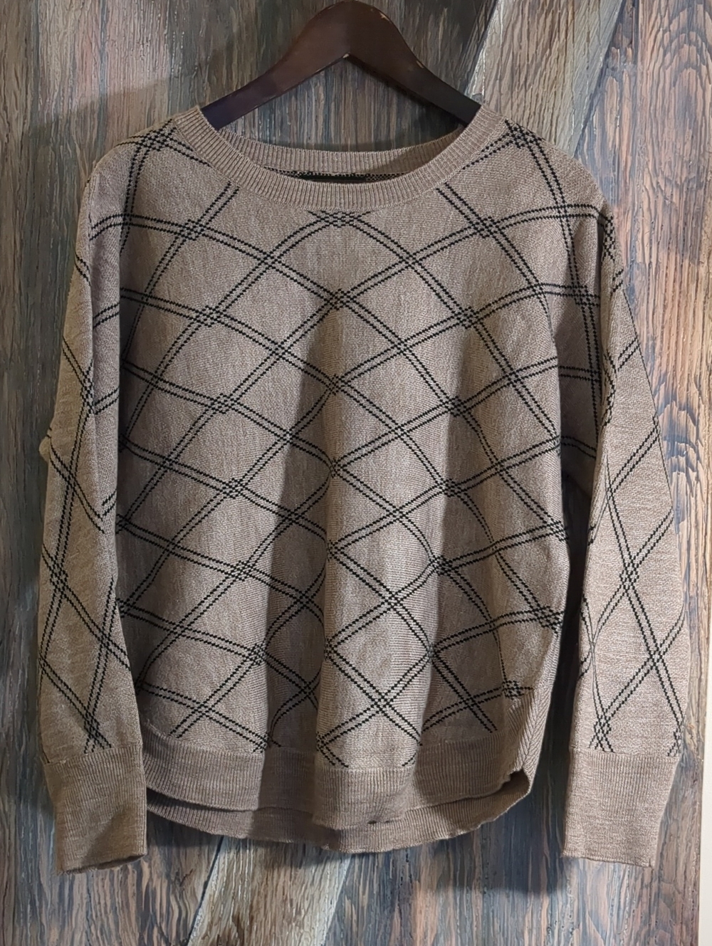 Design History Taupe Sweater with Black Diamond Grid